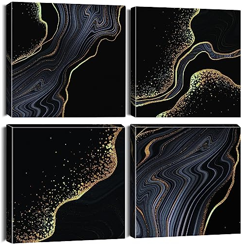 Artscope 4 Teilig Leinwandbilder mit Marmor Schwarz Gold Motiv Kunstdruck - Moderne Wandbild für Küche Badezimmer Wohnzimmer Wanddekoration - 30 x 30 cm