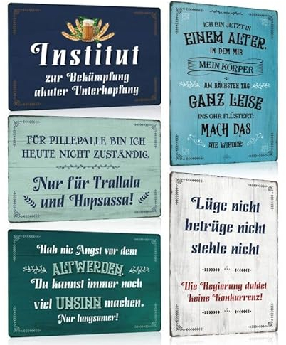 5ER SET - Retro Blechschilder Sprüche Lustig - ICH BIN JETZT IN EINEM ALTER - LÜGE NICHT BETRÜGE NICHT - Metall-schilder mit Sprüchen Witzige Wanddeko Geschenk - DIN A4