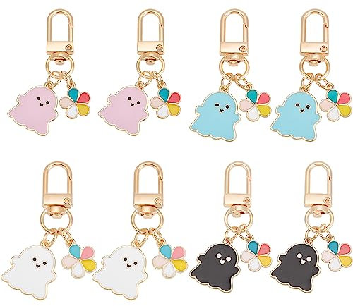 craspire 8 Pcs Halloween Porte-Clés 4 Couleurs Émail Fantôme Dessin Animé Porte-Clés en Métal Suspendu Porte-Clés Mousqueton Mignon Pendentifs Colorés pour Écouteur Sac Portefeuille Sac à Dos Charme