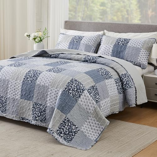 Set di biancheria da letto matrimoniale king size blu navy grigio 128 x 120 extra largo, 3 pezzi set di biancheria da letto patchwork plaid set copriletto trapuntato reversibile leggero microfibra set