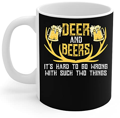 908 Coffee Mug Tea Cup Ceramic Travel Mug Novelty Christmas Gifts 330ml Hunting Lover - Vintage Deer and Beers Drinking Beer