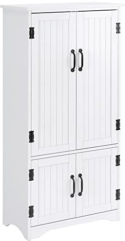 HOMCOM Alacena de Cocina Aparador Alto de Cocina Mueble Auxiliar con 4 Puertas y Estantes Ajustables para Salón Baño 60x30x123 cm Blanco
