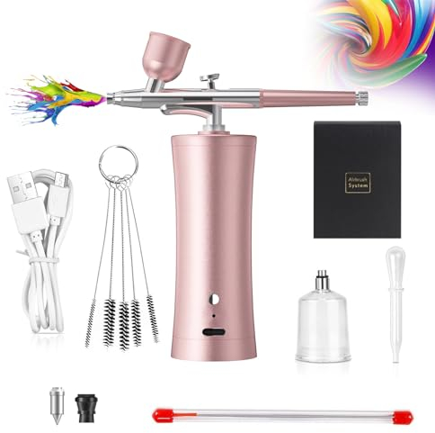 Holzsammlung Mini Aerógrafo Set,Kit de Aerógrafo inalámbrico portátil y Juego de Aerógrafo de Mano Recargable, para Maquillaje, Pintura, Modelado, Manualidades, Manicuras, Tatuajes (Rosa)