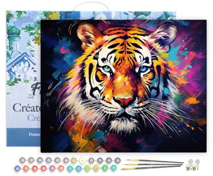 Figured'Art Peinture par Numéro Adulte avec Cadre Tigre Coloré Abstrait - Activité Manuelle Kit de Loisir Créatif DIY Numéro d'Art Complet Animaux - 40x50cm toile tendue sur châssis