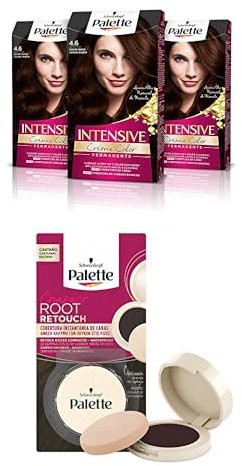 Palette Intensive, Tinte 4.6 cabello Castaño Marrón + Palette Compact Root Retouch Retoca Raíces polvo compacto – Castaño – Cubre Canas 1 unidad