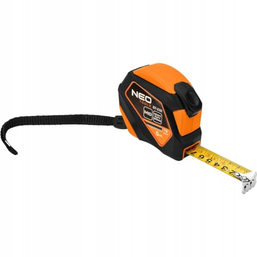 NEO TOOLS Professional Maßband 5 m, Nylon-Stahlband, Magnethaken | Stopp-Tasten, Automatischer Bandstopp, Bandbreite 19 mm, MID-Genauigkeit, Anti-Rutsch Gehäuse, Gürtelklemme