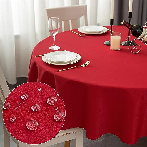 Yeahshion Runde Tischdecke Abwaschbar Rot Φ150cm, wasserdichte Tischdecke Polyester-Leinen-Optik für Tisch, Esszimmer, Restaurant Schutz (Rot, Φ150cm)