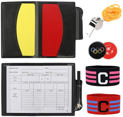 BELIHOME Schiedsrichter Set, Fußball Schiedsrichter Karten mit Metall Schiedsrichter Pfeife Rot Gelb Schiedsrichter Karte Tasche Punktebuch Wählmarke 2 Kapitänsbinde für Fußballspiel Schulsport Sport