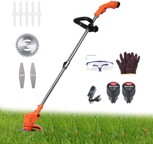 12V Cordless Grass Strimmer | Electric Grass Strimmer with 3 Types Blades | 2 x 2000mAh Rechargeable Battery Powered Telescopic Lawn Edge Cutter for Garden Lawn (Orange)