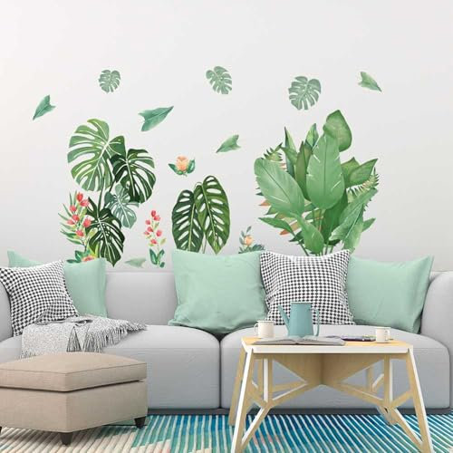 astylishome Wandtattoo Küche Blätter Grün Wandbild Tropische Pflanzen Tapete Selbstklebend Grüne Wandaufkleber Wohnzimmer Schlafzimmer Flur Wanddeko 0207