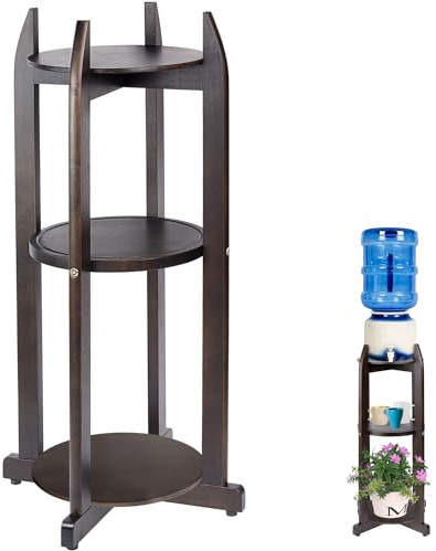 LASIDO Natural Solid Wood Water Dispenser Floor Stand (32.8 Hight-11.2 Wide) Drink Dispenser Floor Stand with 2 Round Shelfs Included for 1-5 Gallon Water Bottles/Crocks, Water Jug (Walnut Color)