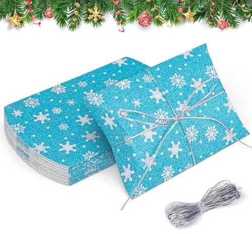 Kiiwah 16 Stück Weihnachten Geschenkbox Kissenschachtel Glitzer mit Schneeflocke, 10x15 cm Faltschachteln Kissen Form Keksschachtel Geschenkboxen Süßigkeiten Box (Blau)