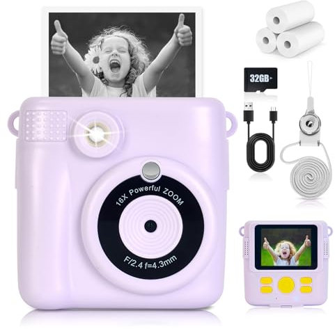 Hikkon Instant Print Camera for Kids - 2.4 Inch Kids Camera Instant Print With Print Paper & 32G Card- Kids Toys HD Digital Camera as Christams Birthday Gifts for Girls Boys Age 3-12 (Purple)