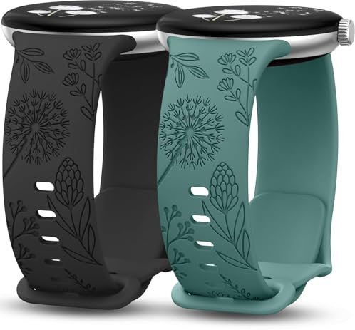 TOYOUTHS 2 Stück Floral Gravierte Armband Kompatibel mit Google Pixel Watch 4/3 41mm/Pixel Watch 2/1 Damen, Fancy Cute Weich Silikon Löwenzahn Blume Sport Loop Armband, Schwarz/Grün