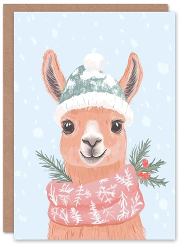 Wee Blue Coo Greeting Card Cute Llama Snow Ball Hat Winter Scarf Fun Modern For Her Woman Xmas Christmas Card