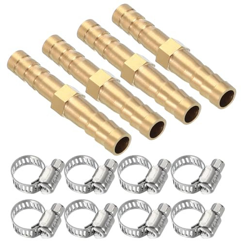 PATIKIL 1/4 Brass Hose Barb Fitting,4 Set Barb Union Fittings Metals Splicer Mender Connector Barbed Adapter Air Hose Repair Kit with Hose Clamp for Water Oil Fuel Gas