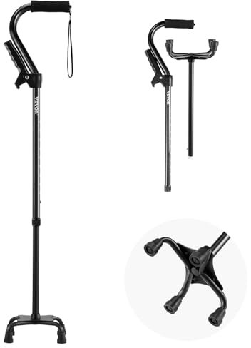 VEVOR Bastón para Caminar de Cuatro Patas, Altura Ajustable de 10 Niveles con Base Estable de 4 Puntas, Aluminio Liviano y Portátil para Personas Mayores, Adultos, Carga 113 kg, 175x132x725-955 mm