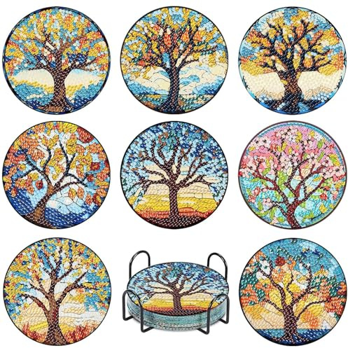 askkqtx 8 PCS Tree of Life Diamond Art Coasters Kits with Holder 4x4 Inch | Tree Diamond Painting Coasters Kits for Adults, DIY 5D Full Drill Rhinestone Art Craft Supplies