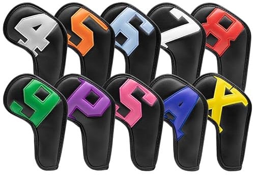Golf Iron Covers 10pcs,Golf Iron Head Covers Leather Golf Iron Covers Set Colorful Golf Iron Headcovers,Golf Club Head Covers for Iron with Magic Tape Fit Titleist,Callaway (Black color(10 pcs/set))
