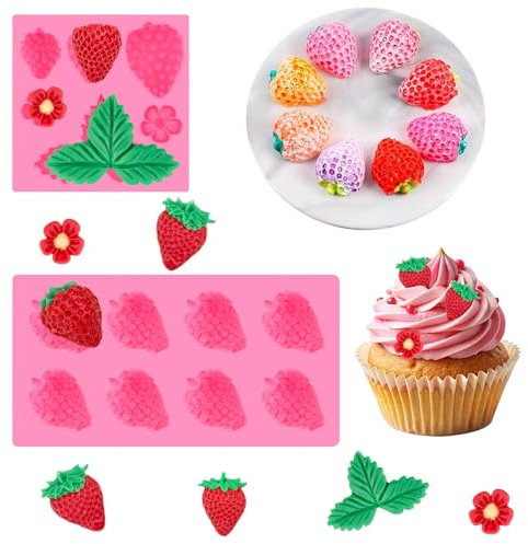 2 Pièces 3D Moule en Silicone Fraises, Moules en Silicone en Forme de Fraise, pour Décoration de Gâteaux de Fruits, Pâte à Sucre, Pâte à Sucre, Décoration de Gâteau DIY, Chocolat Bricolage Outil