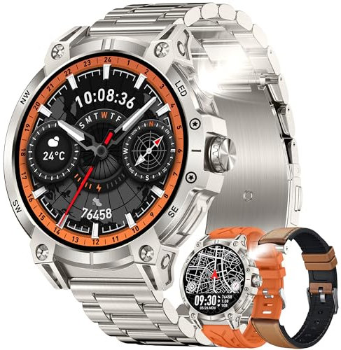 SGDDFIT 1,85 AMOLED Reloj Inteligente Hombre con Llamadas y Whatsapp, Smartwatch Militar con 123 Modos Ritmo Cardíaco/SpO2/Sueño, 3ATM Impermeable Reloj Smartwatch Hombre para Android iOS (Plateado)