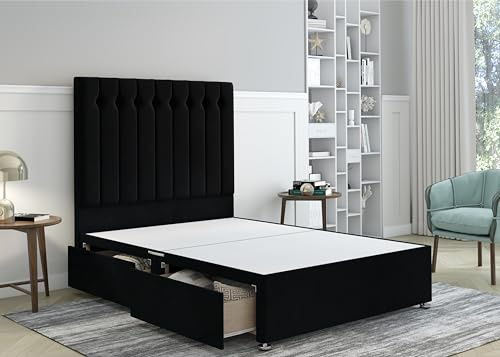 ComfoRest – Modern 5FT King Size Divan with 54 Inch Olivia Headboard & 2 Drawers | Upholstered Bed Frame with Storage | Divan Bed Base King Size – No Mattress (Black Plush)
