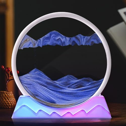 UUE Sandbilder Zum Drehen, 3D Fließende mit LED Licht, Dynamisches Sandbild Runde Glas Fließender, Bewegliches Sandbild für Schreibtisch, Fließende Sandmalerei Geschenk für Dekoration (Blau, 7)