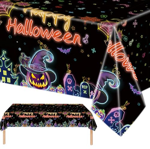 MOMAHUA Halloween Tischdecke Neon Glow, Hallow Partygeschirr Deko Tischläufer Party Tischdecke 137 x 274CM Rechteckig Wasserdicht Tischdecke Kinder Halloween Geschirrset für Grusel Party Dekoration