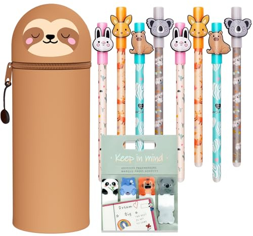 2 in 1 Weiche Federmäppchen - 8 Radierbaren Gelstiften + Keep in Mind Seitenmarker, Farm Silikontasche mäppchen, Tiermotiv mit thermosensitiver Radier, Vielzahl von Schaftdesigns, 0,7 mm (Faultier)