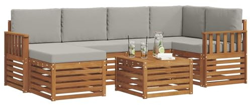 vidaXL Sofagarnituren 7 pcs Natürlich und Hellgrau Massivholz Akazie, Gartenmöbel, modernes Sofa für draußen, modulare Loungemöbel, langlebige Terrassensitze und Komfort