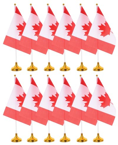GETAJGHSD Lot de 12 Set de Set de Mini Drapeaux à Main du Canada avec Base Dorée Stable et Hampe en Plastique, Décoration Élégante pour Bureau, Maison et Défilés Patriotiques