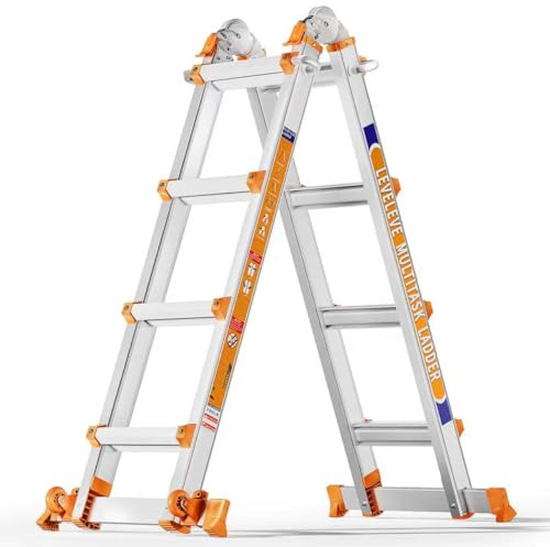 Scala Multiuso a 4 Livelli: Scala a 4 Livelli e Scala Allungabile da 14 Piedi (4.2 m) con Stabilizzatore e Ruote, Portata 150 kg, Sicuro per Scale, per Interni, Esterni e Tetto, in Lega di Alluminio