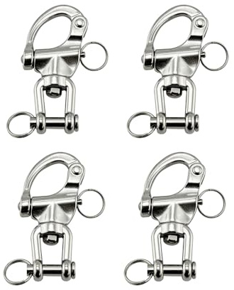 Manille à Dégagement Rapide Inox 316, Lot de 4 Émerillon 360° Anticorrosion Mousqueton, Connecteur Marine à Ressort pour Amarrage, Chaîne et Gréement Nautique