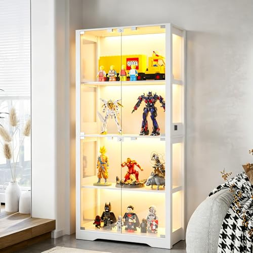 Vitrine avec éclairage LED et portes en verre, vitrine de collection pour figurines d'action, vitrines en verre avec capteur intelligent, vitrine à 4 couches pour expositions (Blanc, 165*80*35cm)