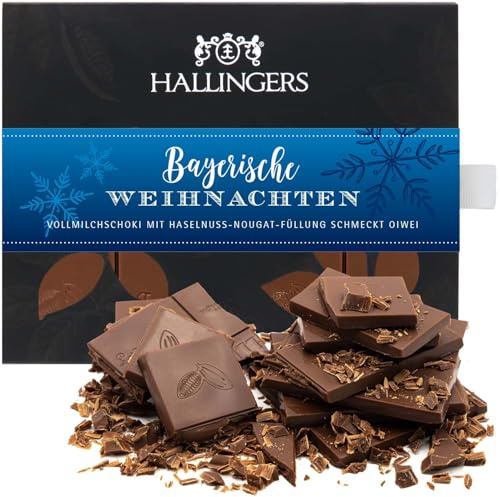 Hallingers Genuss Manufaktur Schokolade Weihnachts-Geschenk - Tafel handgeschöpften Edelkakaos ohne Alkohol edler Karton Bayerische Weih... Haselnuss, Weihnachten für Frauen Männer