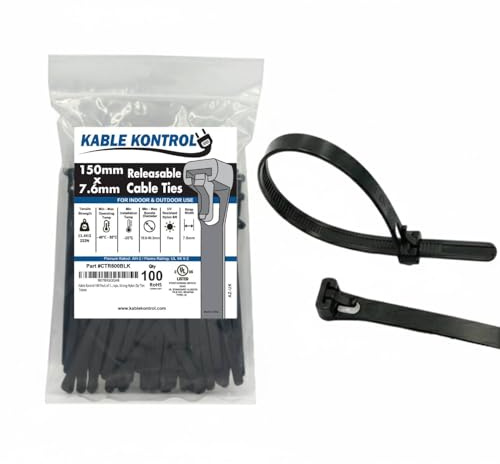 Kable Kontrol 100 Pack of 150 mm x 7.6 mm Reusable Cable Ties, Heavy Duty Black Releasable Cable Ties, 6 Premium Tie Wraps, Strong Nylon Zip Ties