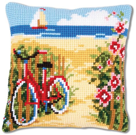 VERVACO Kit Cuscino Punto Croce in Spiaggia Set Ricamo Principianti Cuscini Gobelin Decorativi ca. 40 x 40 cm Accessori per Lavoretti Creativi DIY Casa Decor Hobby Adulti Cross Stitch