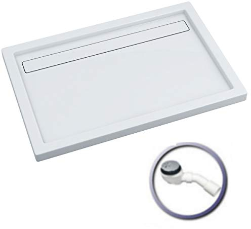 VBChome Plato de ducha 80 x 120 x 6,5 cm, plato de ducha rectangular para cabina de ducha, soporte de poliestireno, plano, sanitario, acrílico, ducha, estable, liso, color blanco + desagüe Viega