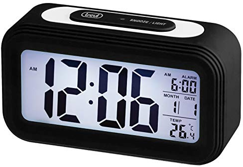 Trevi SLD 3068 S Orologio Termometro Digitale con Sveglia, Grande Display LCD, Calendario, Sensore per Illuminazione Automatica, Funzione Snooze, Nero