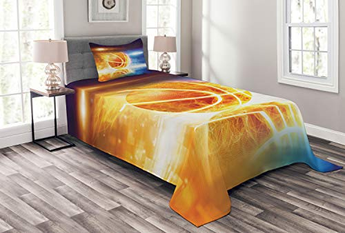 ABAKUHAUS Basketball Tagesdecke Set, Brennen Basketball in der Kunst, Set mit Kissenbezug Waschbar, für Einzelbetten 170 x 220 cm, Gelb Rosa