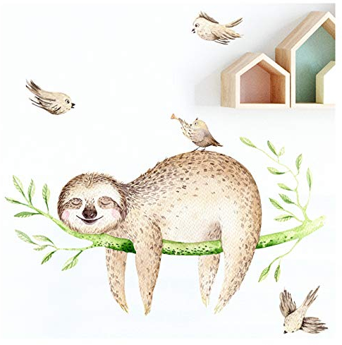 Little Deco Wandaufkleber Faultier auf AST & Vögel I A4-21 x 29,7 cm I Wandbilder Kinder Wandtattoo Kinderzimmer Mädchen Deko Babyzimmer Junge Kinderbilder DL170