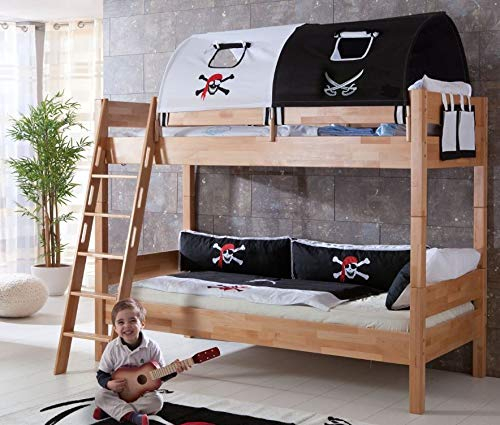 Froschkönig24 Etagenbett Stefan Hochbett Stockbett Kinderzimmer Buche Stoffset Pirat, Matratzen Oben/unten:mit 2X Matratze