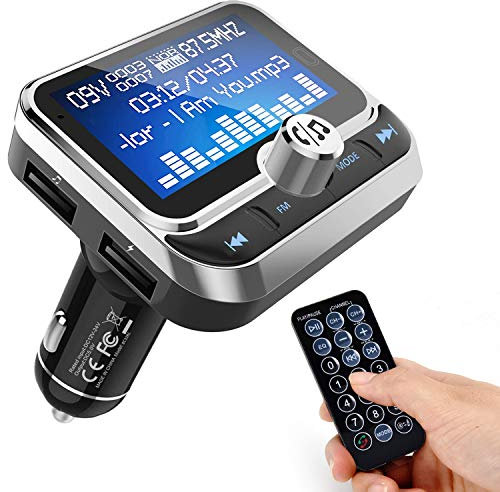 ToHayie Bluetooth FM Transmitter for Car, Wireless Radio Adapter Hands-Free Kit With 1.8 Inch Display, Dual USB Charger, AUX Input/Output, TF Card Mp3 Player, Silver