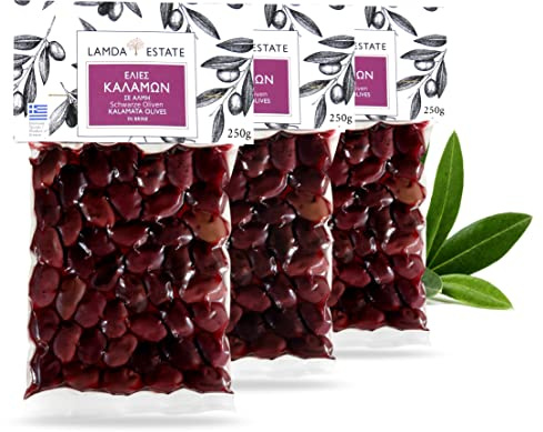 Lamda Estate - schwarze griechische Oliven Kalamata mit Stein | eingelegte frische Kalamon Olive Vakuum 3x 250g