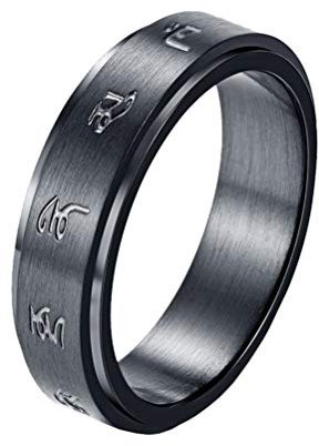 OAKKY Herren Buddhist Tibetisch Mantra Drehbar Zappeln Ring Edelstahl Glücklich Amulett Yoga Beten Bands Religiös Schmuck Schwarz Größe 62 (19.7)