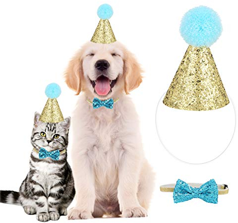Hund Geburtstag Hut, Haustier Geburtstagsset mit goldenem Pailletten Hut und Blauem Paillettenknoten mit Verstellbarem Hutseil und Nackeng¨¹rtel f¨¹r die Meisten Hunde Katzen oder Andere
