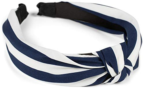styleBREAKER Serre-tête femme rayé à nœud torsadé,Bleu foncé-blanc | Bandeau doux, 3,5 cm, sans pression. Noyau stable, élastique pour tour de tête de 40 à 58 cm.