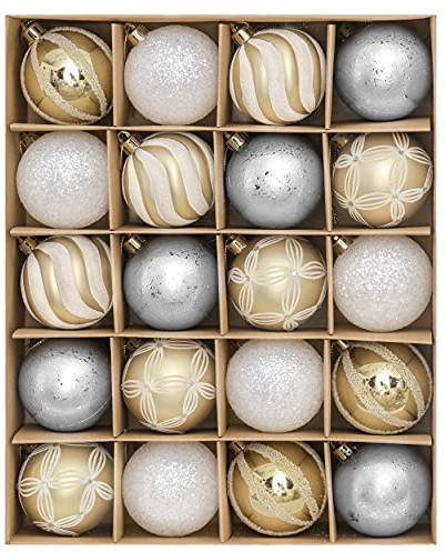 Valery Madelyn Weihnachtskugeln 20 Stücke 6cm Kunststoff Christbaumkugeln Weihnachtsdeko mit Aufhänger Baumschmuck für Weihnachtsdekoration Gold Weiß Elegant Thema