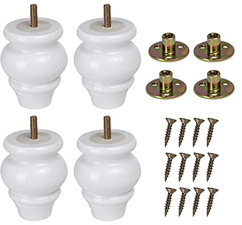 Mysummer Set of 4 Solid Wood Furniture Legs Turned Legs 3.54 inch Tall White Finished M8 Replacement Furniture Feet Sofa Legs with Bolt for Couch Sofa Cabinet (Walnut) (White)