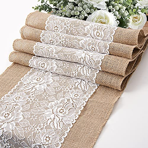 GLCS GLAUCUS 5er Set Jute Tischläufer mit Spitze – 30 x 275 cm – Vintage Tischband für Hochzeit, Party, Feier & Esstisch – Natürliche Leinenoptik Tischdekoration - Rose Muster